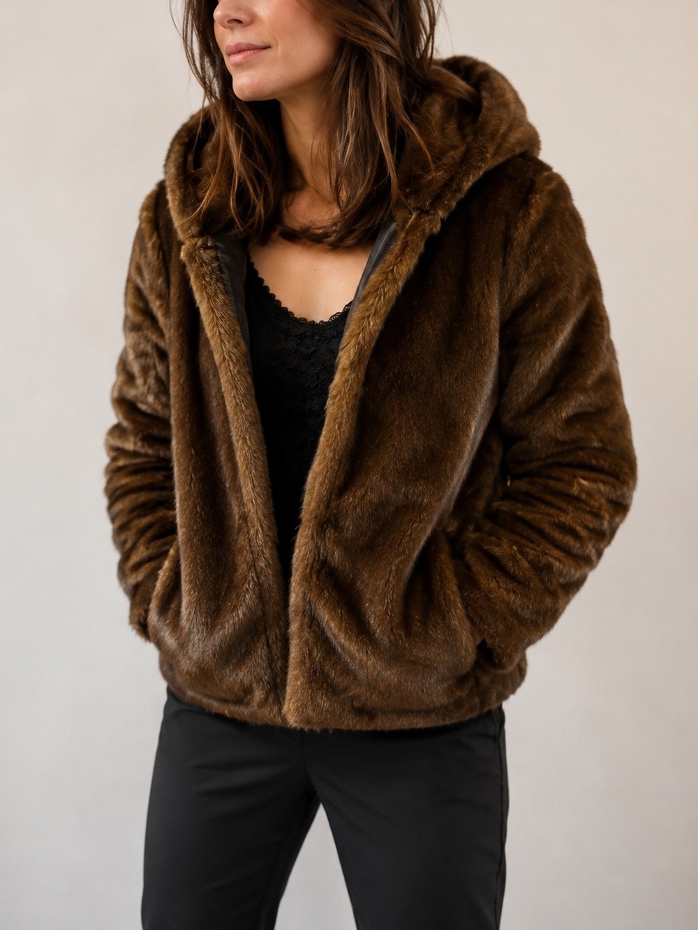 H and m Divided Chocolate Brown Hooded Faux Fur Teddy Jacket Plush Soft Coat XS